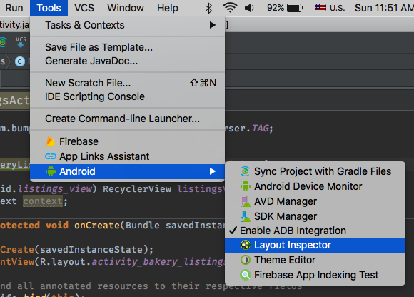 Launching the Layout Inspector from the Tools menu item in Android Studio