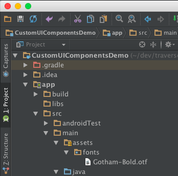 Android Studio Project explorer showings assets/fonts/ directory