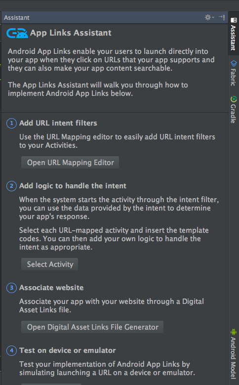 Accessing the App Links Assistant in Android Studio