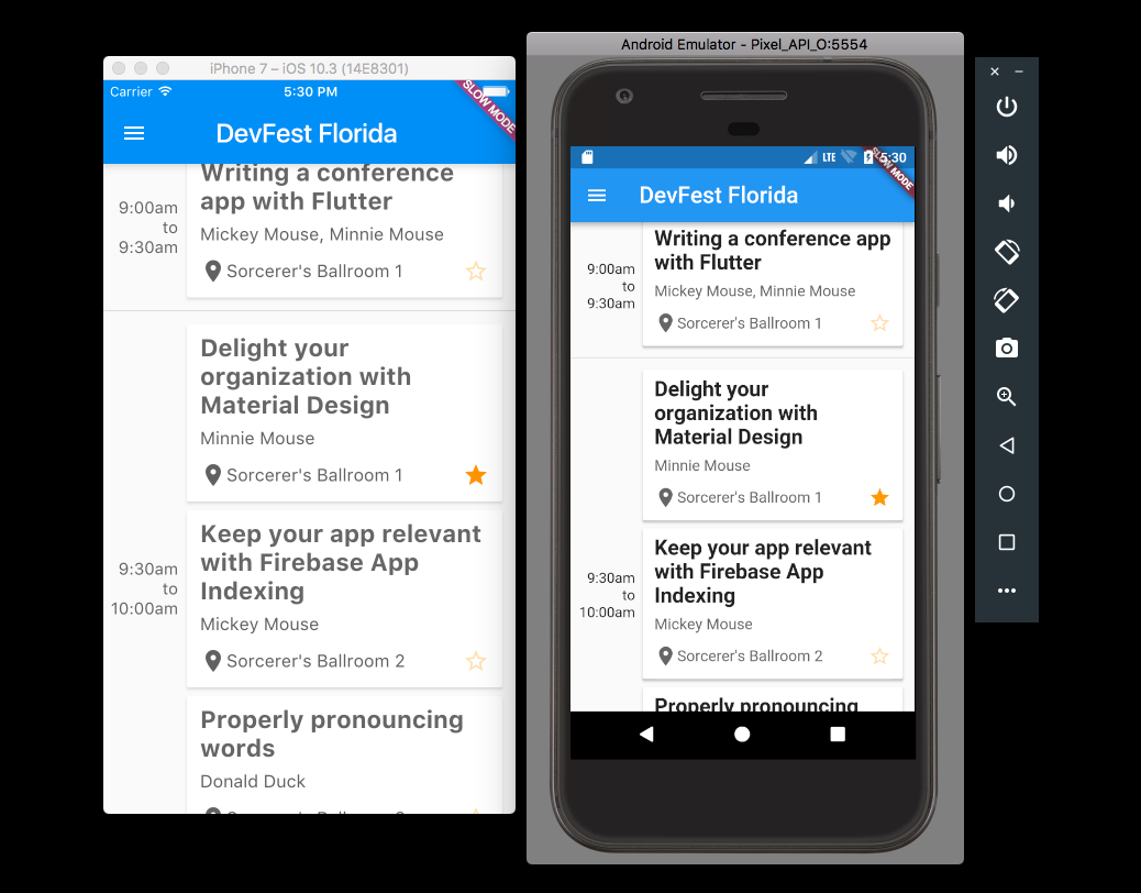 Side by side preview of the DevFest Florida conference app built with Flutter